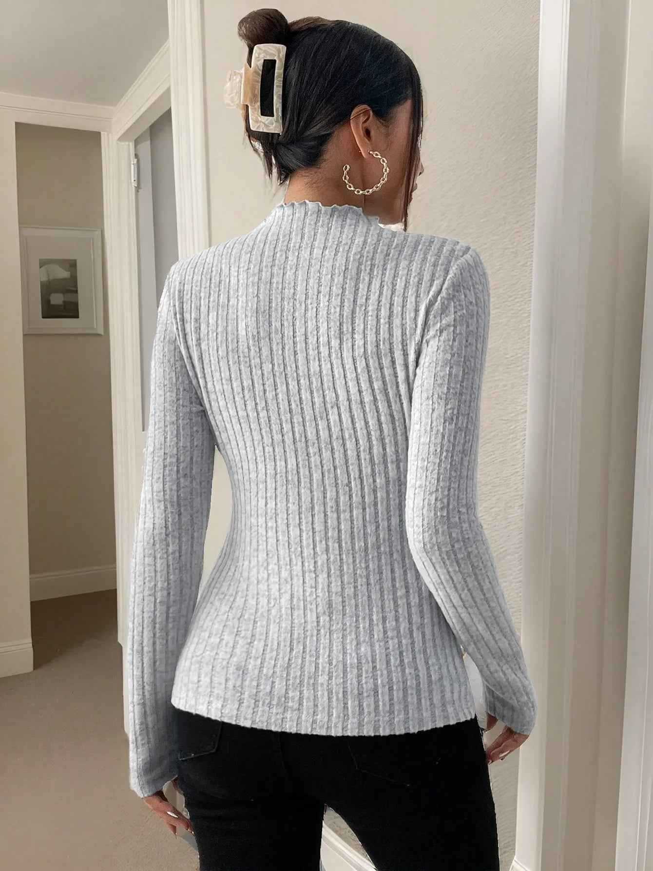 Black Fungus Edge Semi High Neck Knitted Base Shirt Long Sleeve Fashion Top for Spring Autumn Winter