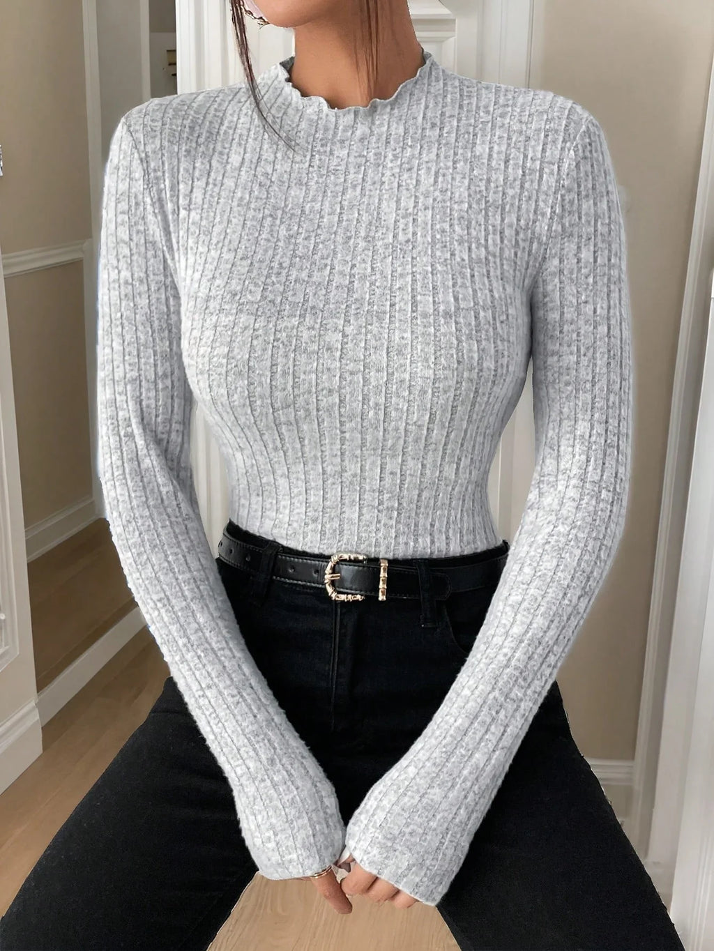 Black Fungus Edge Semi High Neck Knitted Base Shirt Long Sleeve Fashion Top for Spring Autumn Winter