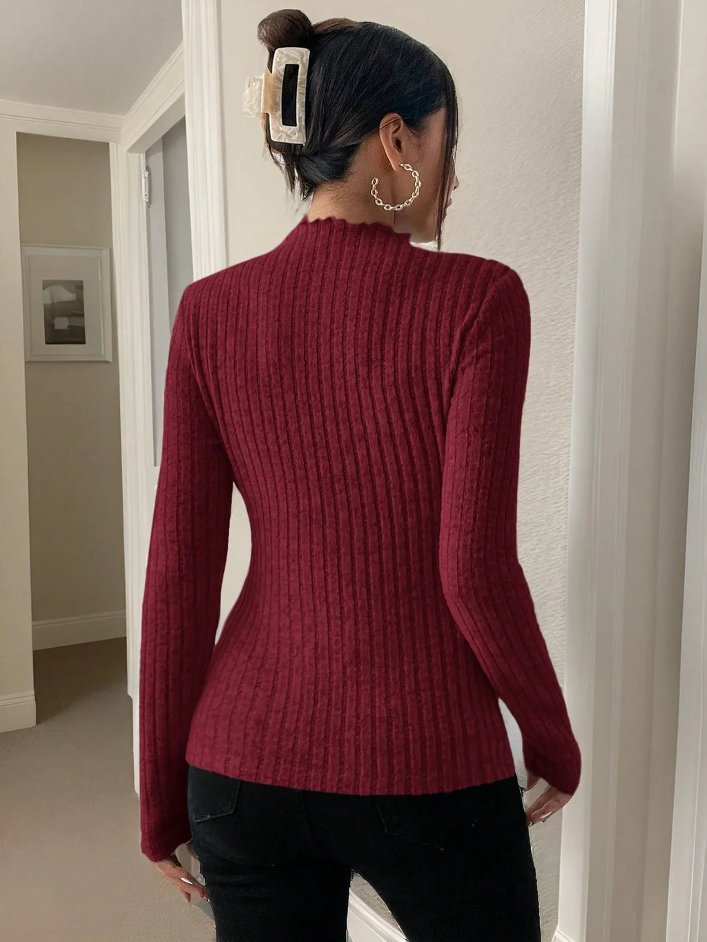 Black Fungus Edge Semi High Neck Knitted Base Shirt Long Sleeve Fashion Top for Spring Autumn Winter