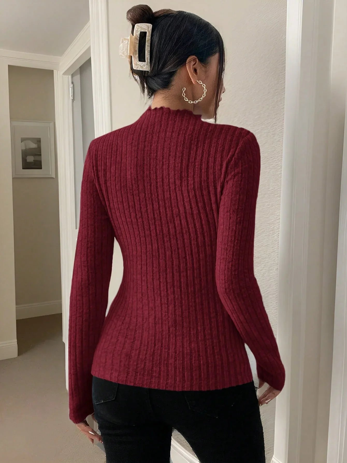 Black Fungus Edge Semi High Neck Knitted Base Shirt Long Sleeve Fashion Top for Spring Autumn Winter