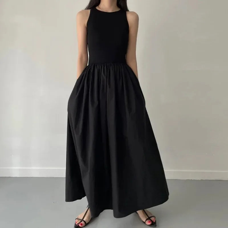 Elegant Black Summer Dress for Women Long Sleeveless High Waist Round Neck Feminine Fashion Style