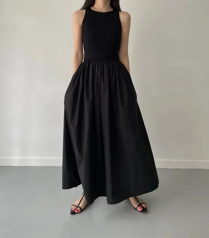 Elegant Black Summer Dress for Women Long Sleeveless High Waist Round Neck Feminine Fashion Style
