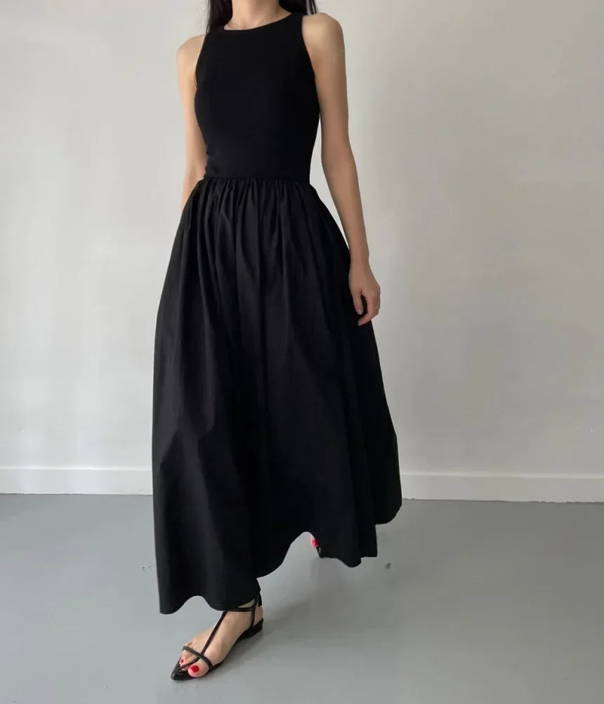 Elegant Black Summer Dress for Women Long Sleeveless High Waist Round Neck Feminine Fashion Style