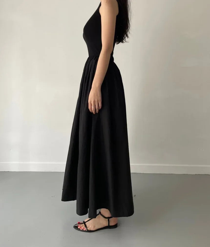 Elegant Black Summer Dress for Women Long Sleeveless High Waist Round Neck Feminine Fashion Style