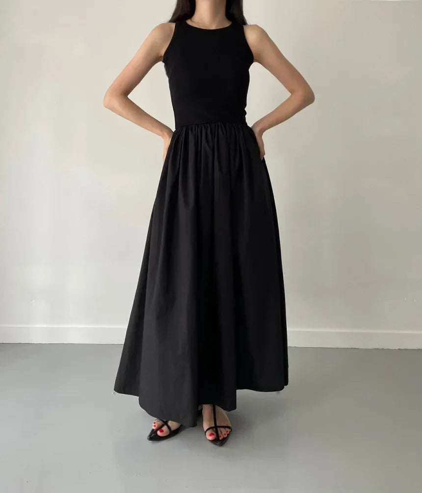 Elegant Black Summer Dress for Women Long Sleeveless High Waist Round Neck Feminine Fashion Style