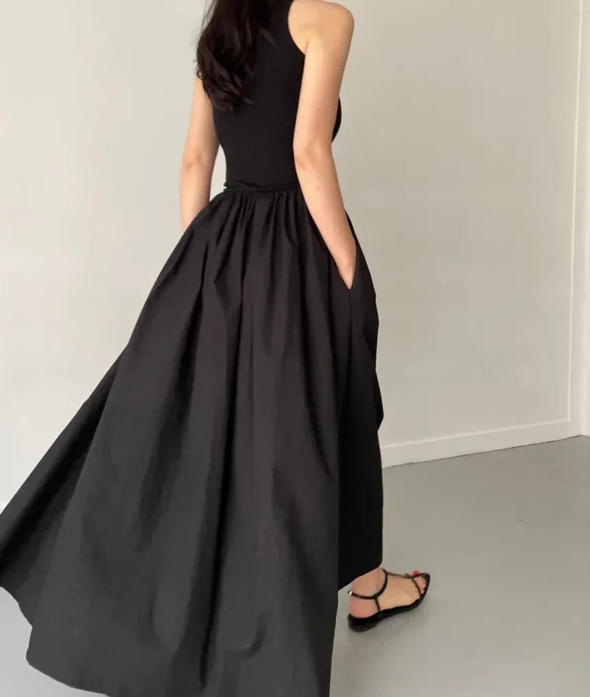 Elegant Black Summer Dress for Women Long Sleeveless High Waist Round Neck Feminine Fashion Style