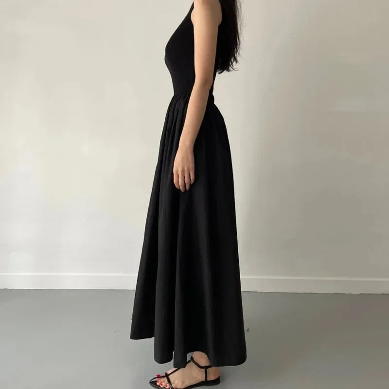 Elegant Black Summer Dress for Women Long Sleeveless High Waist Round Neck Feminine Fashion Style