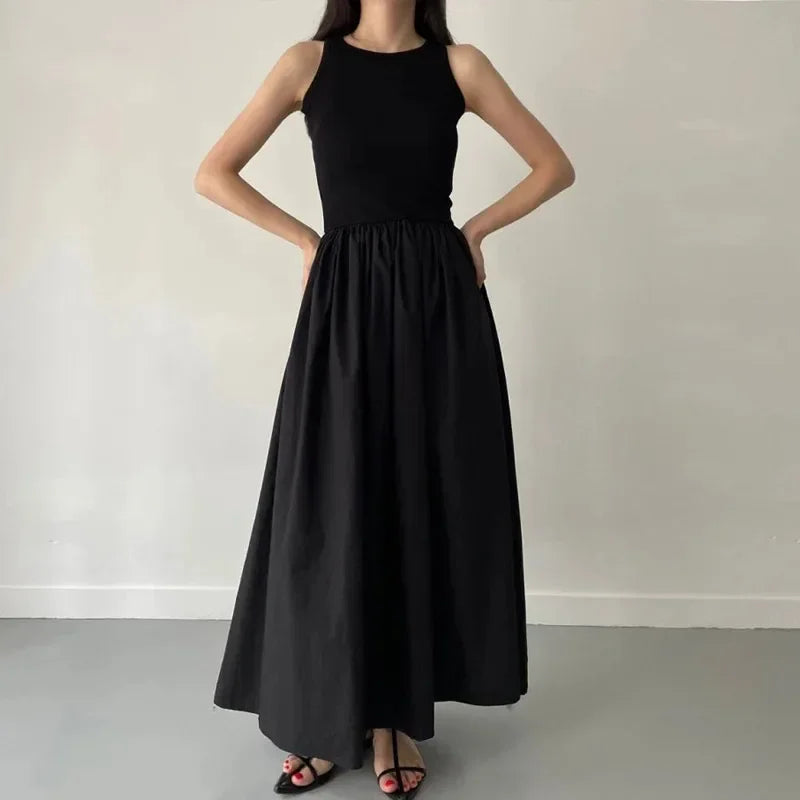 Elegant Black Summer Dress for Women Long Sleeveless High Waist Round Neck Feminine Fashion Style