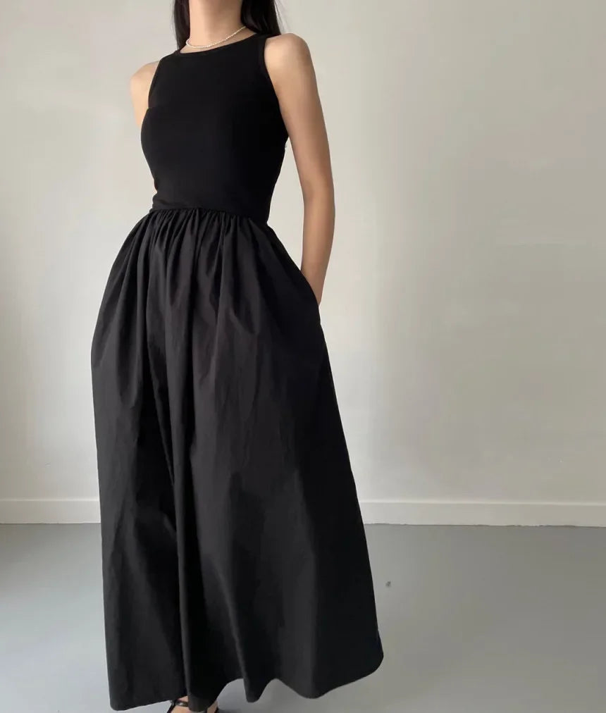 Elegant Black Summer Dress for Women Long Sleeveless High Waist Round Neck Feminine Fashion Style
