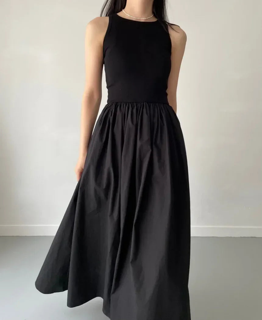 Elegant Black Summer Dress for Women Long Sleeveless High Waist Round Neck Feminine Fashion Style