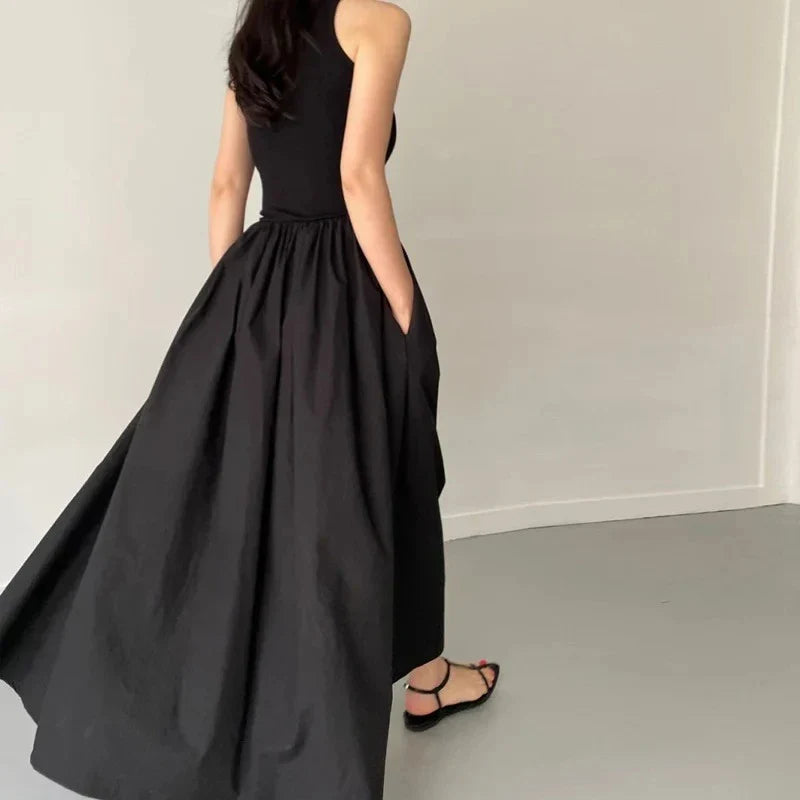 Elegant Black Summer Dress for Women Long Sleeveless High Waist Round Neck Feminine Fashion Style