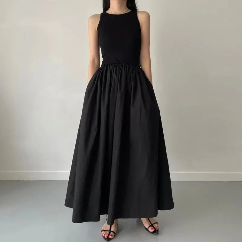Elegant Black Summer Dress for Women Long Sleeveless High Waist Round Neck Feminine Fashion Style