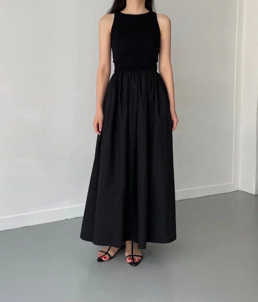 Elegant Black Summer Dress for Women Long Sleeveless High Waist Round Neck Feminine Fashion Style