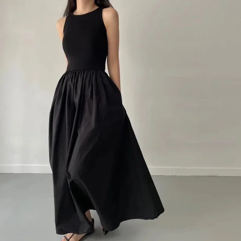 Elegant Black Summer Dress for Women Long Sleeveless High Waist Round Neck Feminine Fashion Style