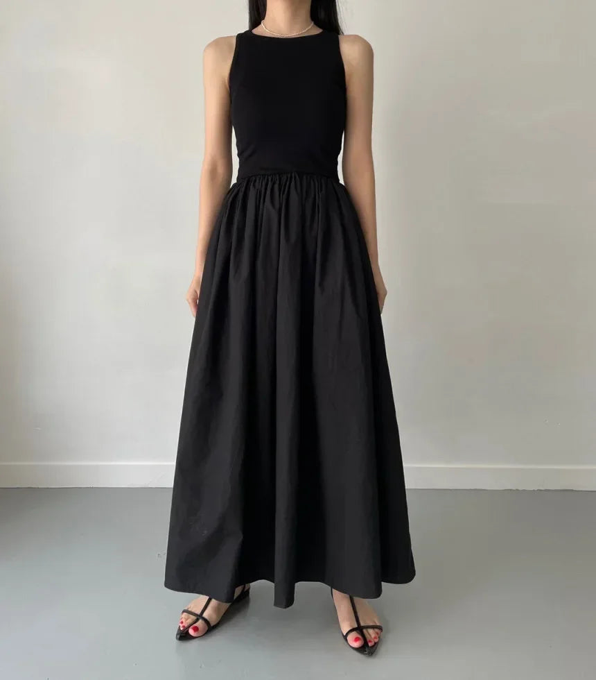 Elegant Black Summer Dress for Women Long Sleeveless High Waist Round Neck Feminine Fashion Style