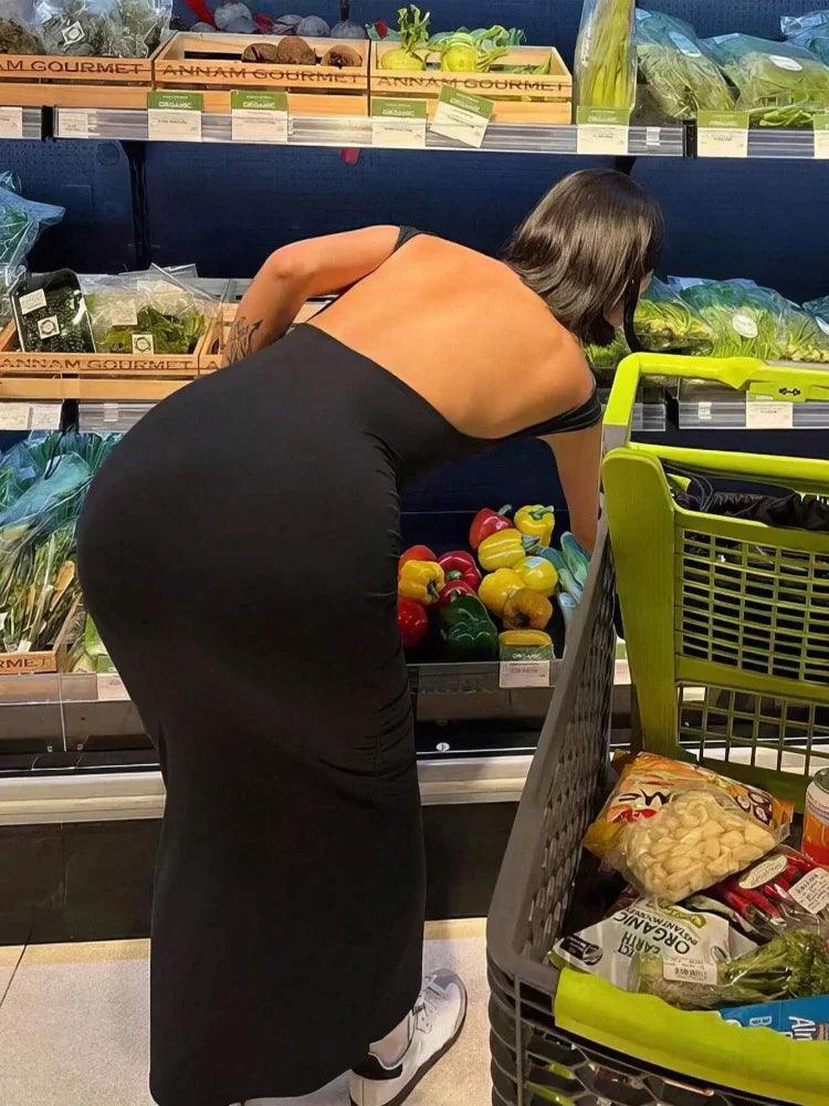 Elegant Women Dress with Basic Short Sleeves and Sexy Backless Design, Slim Fit Summer Vintage Gothic Long Dress for Casual and Streetwear Style