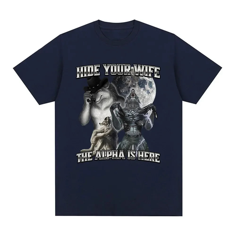 Hide Your Wife The Alpha Is Here Wolf Graphic Oversized Retro Harajuku T-Shirt for Women Funny Meme Emo Casual Top