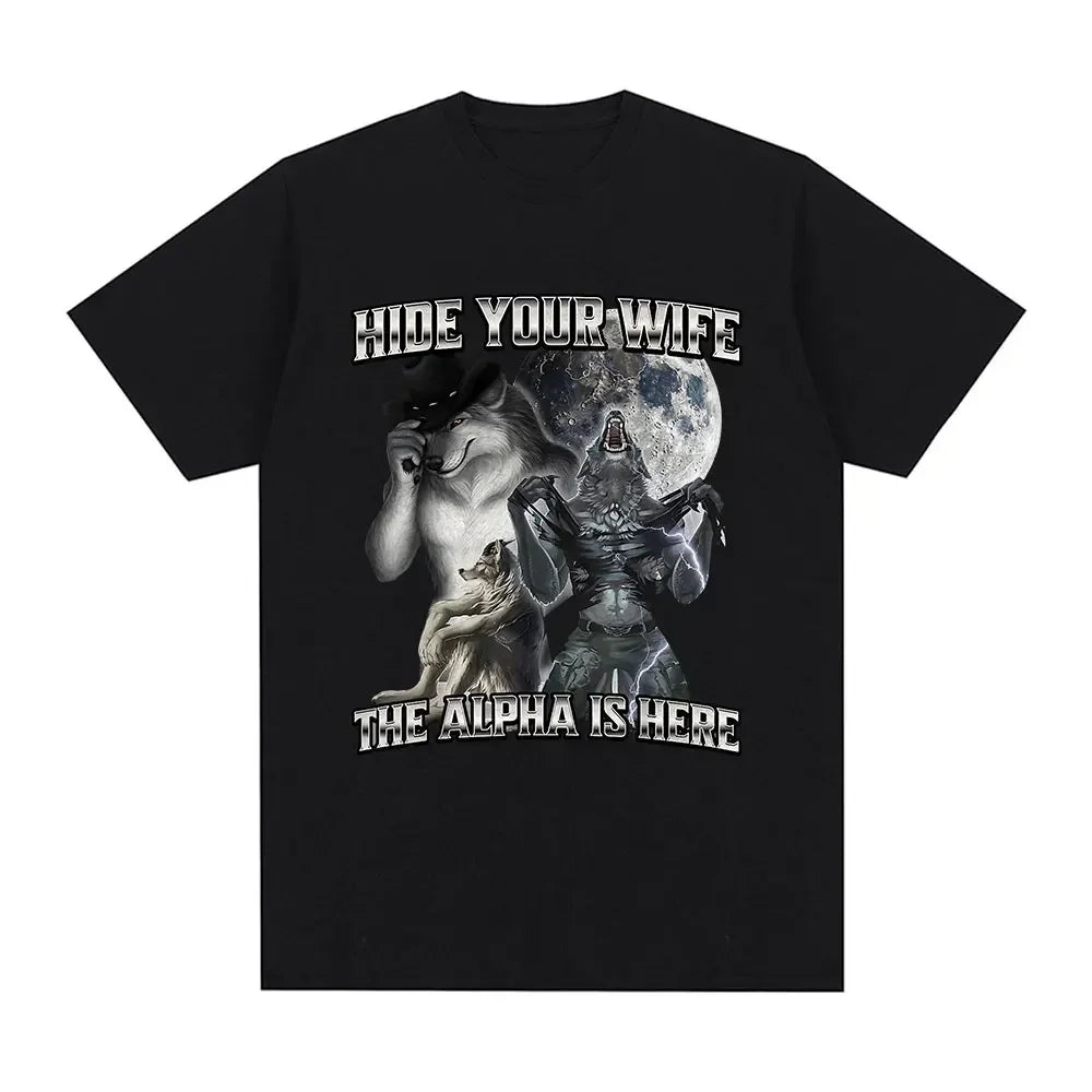 Hide Your Wife The Alpha Is Here Wolf Graphic Oversized Retro Harajuku T-Shirt for Women Funny Meme Emo Casual Top