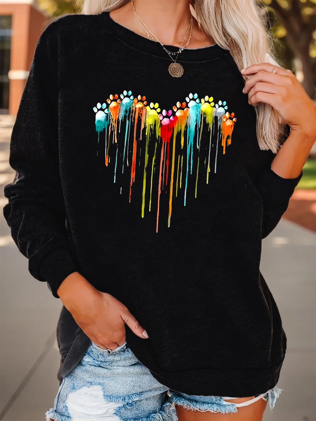 Heart Print Long Sleeve Sweatshirt for Women Black and White Dragonfly Base Top Casual Spring Autumn Tee