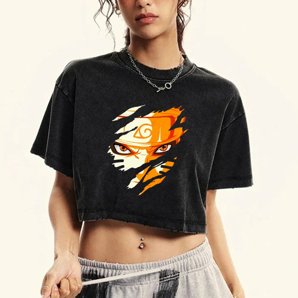 Uzumaki Naruto Inspired Crop T-Shirt for Girls Soft Cotton Breathable Summer Top Vintage Washed Loose Fit O-Neck Tee