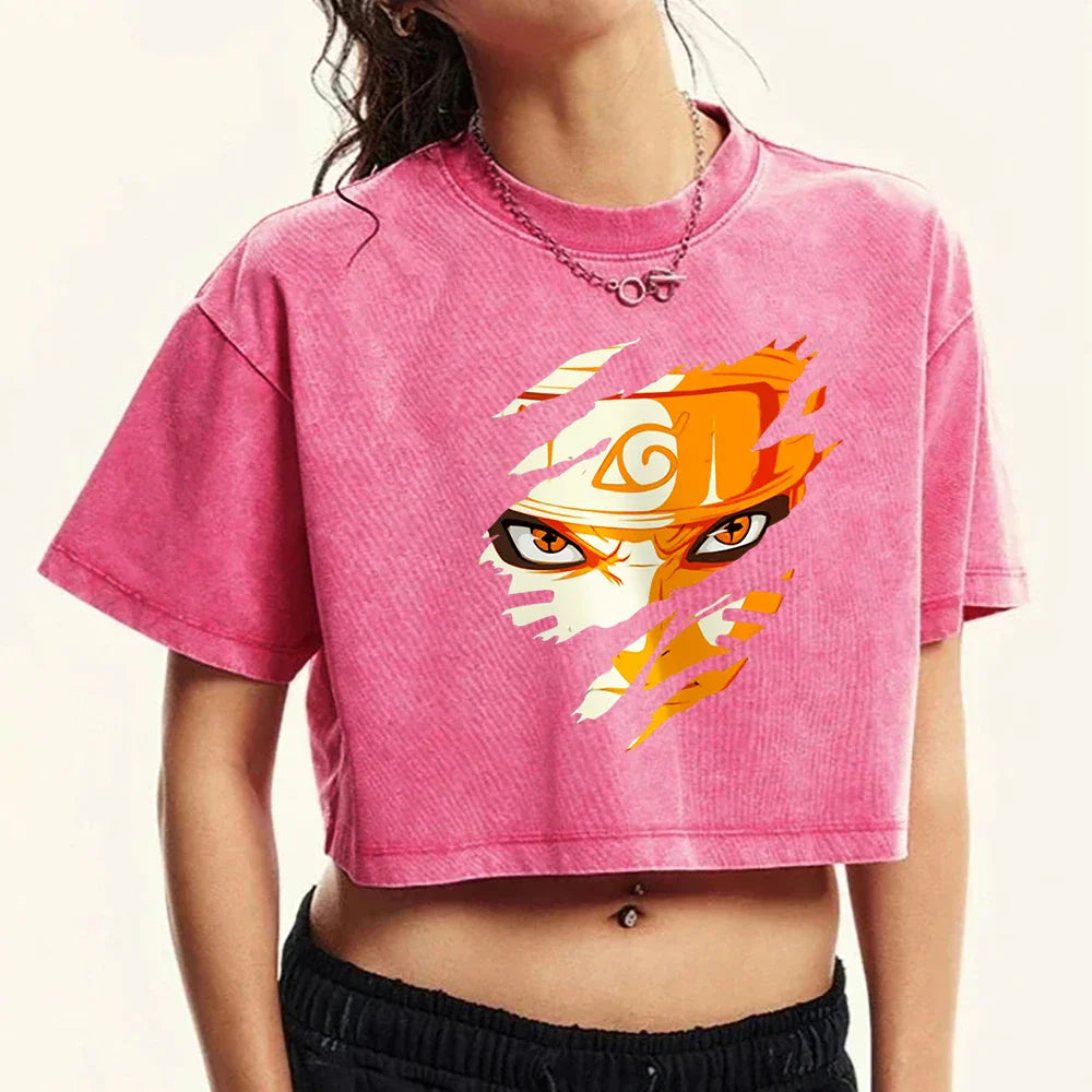 Uzumaki Naruto Inspired Crop T-Shirt for Girls Soft Cotton Breathable Summer Top Vintage Washed Loose Fit O-Neck Tee
