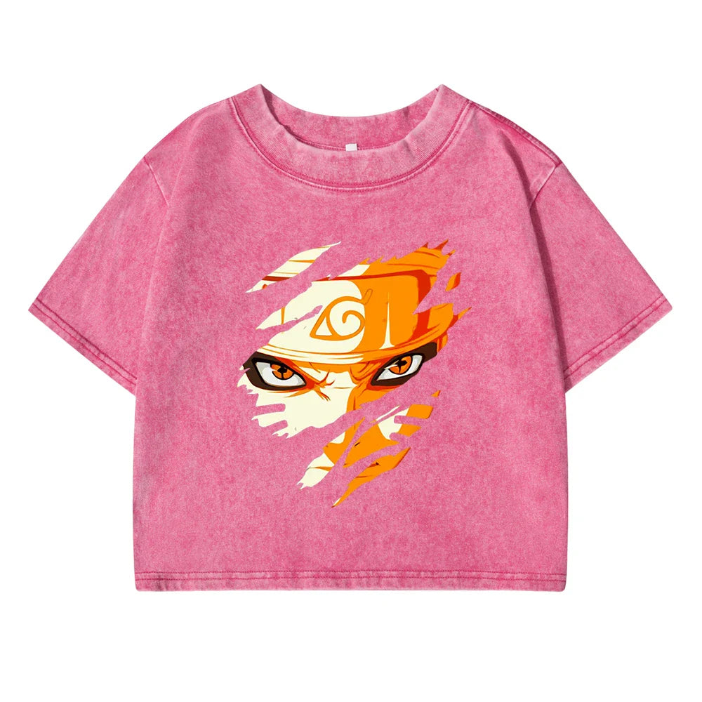 Uzumaki Naruto Inspired Crop T-Shirt for Girls Soft Cotton Breathable Summer Top Vintage Washed Loose Fit O-Neck Tee