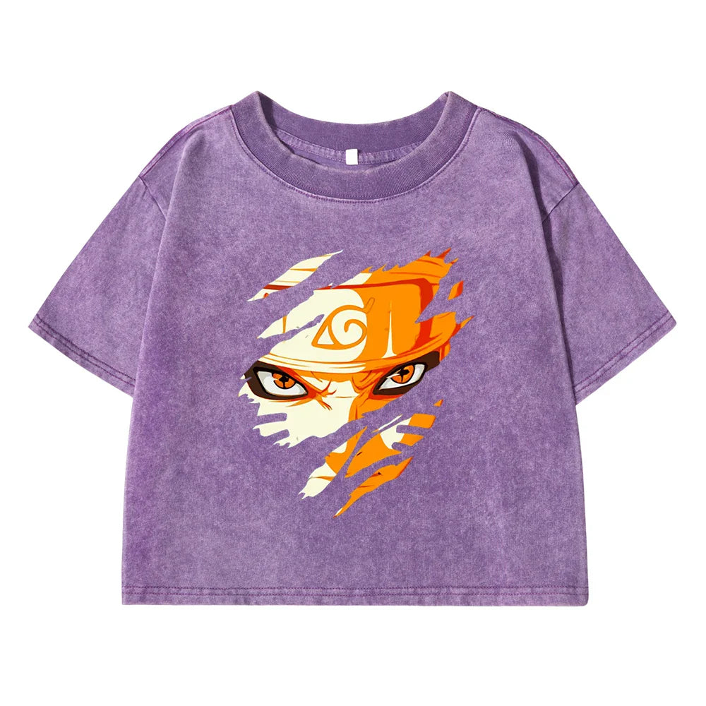 Uzumaki Naruto Inspired Crop T-Shirt for Girls Soft Cotton Breathable Summer Top Vintage Washed Loose Fit O-Neck Tee