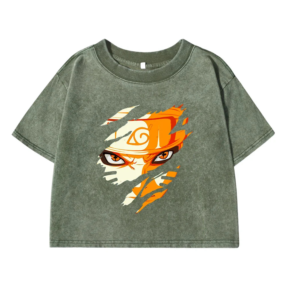 Uzumaki Naruto Inspired Crop T-Shirt for Girls Soft Cotton Breathable Summer Top Vintage Washed Loose Fit O-Neck Tee