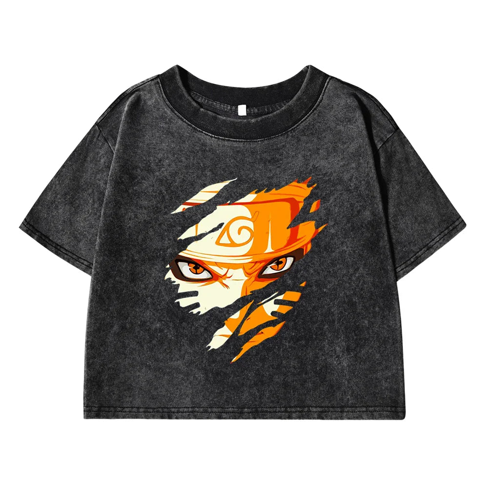 Uzumaki Naruto Inspired Crop T-Shirt for Girls Soft Cotton Breathable Summer Top Vintage Washed Loose Fit O-Neck Tee