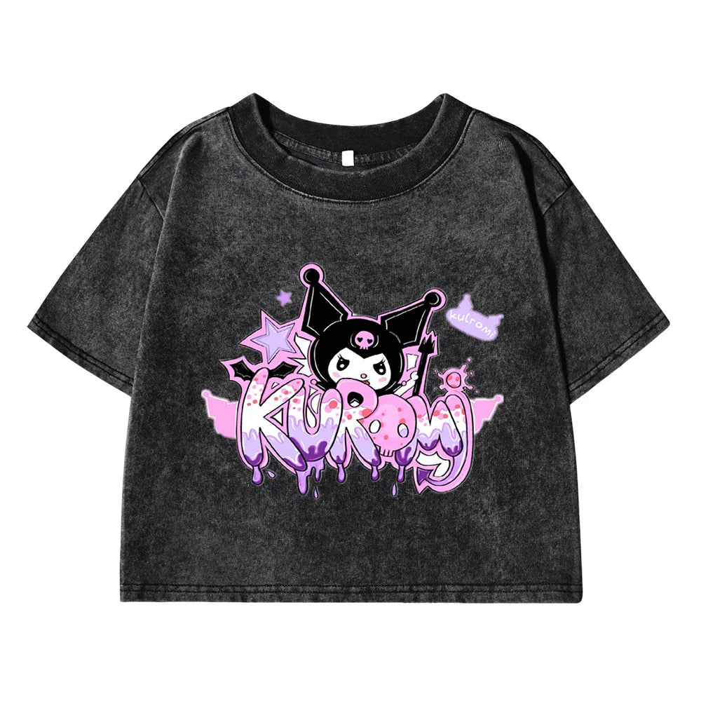 Japanese Kuromi Sanrio Cotton T-Shirt for Women Casual Loose Fit Soft Breathable Summer Tee Medium Stretch Vintage Washed Cotton Top