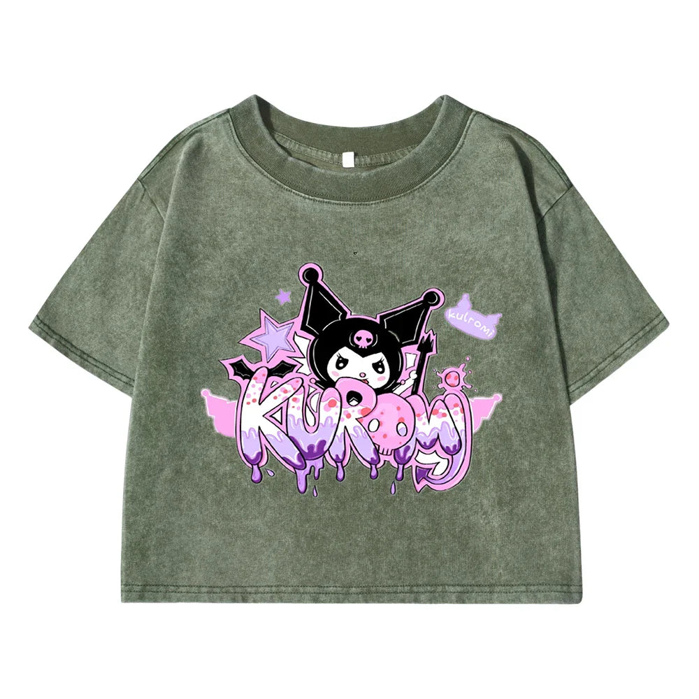 Japanese Kuromi Sanrio Cotton T-Shirt for Women Casual Loose Fit Soft Breathable Summer Tee Medium Stretch Vintage Washed Cotton Top