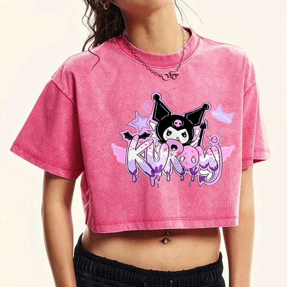 Japanese Kuromi Sanrio Cotton T-Shirt for Women Casual Loose Fit Soft Breathable Summer Tee Medium Stretch Vintage Washed Cotton Top