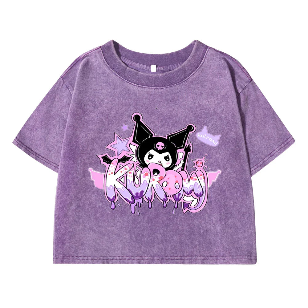 Japanese Kuromi Sanrio Cotton T-Shirt for Women Casual Loose Fit Soft Breathable Summer Tee Medium Stretch Vintage Washed Cotton Top