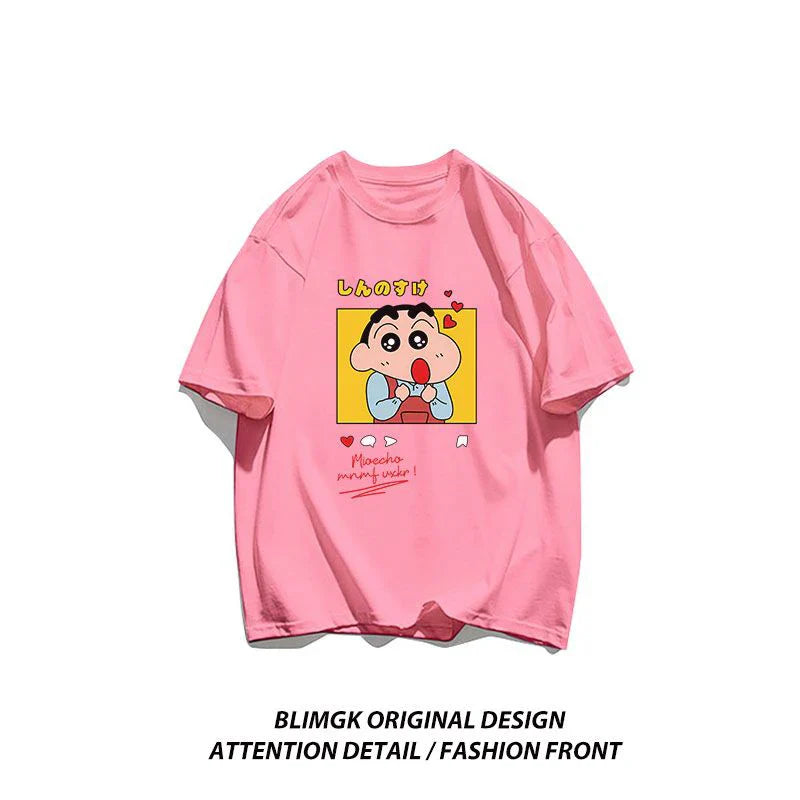 Crayon Shin Chan Beloved Woman Cotton Fitting T-Shirt Anime Shoulder Drop Short Sleeve Tee Casual Outdoor Tops