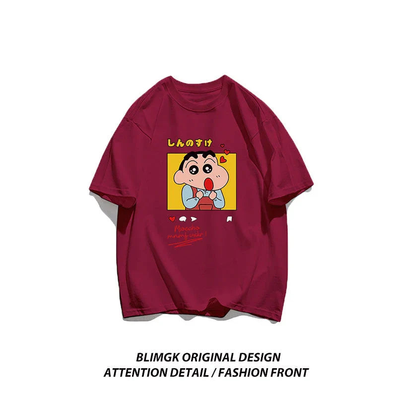 Crayon Shin Chan Beloved Woman Cotton Fitting T-Shirt Anime Shoulder Drop Short Sleeve Tee Casual Outdoor Tops