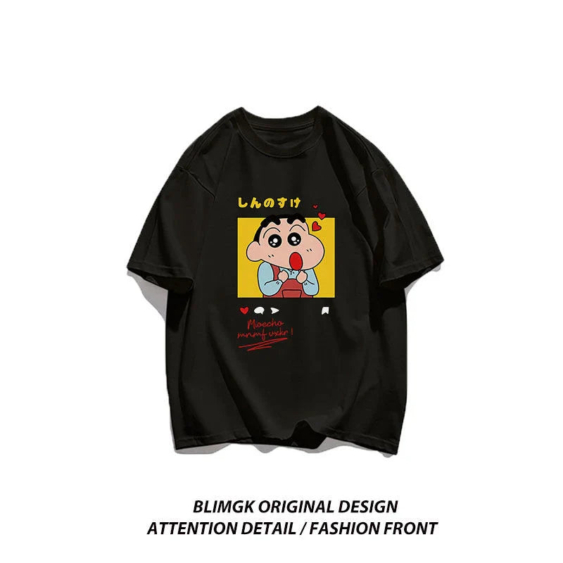 Crayon Shin Chan Beloved Woman Cotton Fitting T-Shirt Anime Shoulder Drop Short Sleeve Tee Casual Outdoor Tops