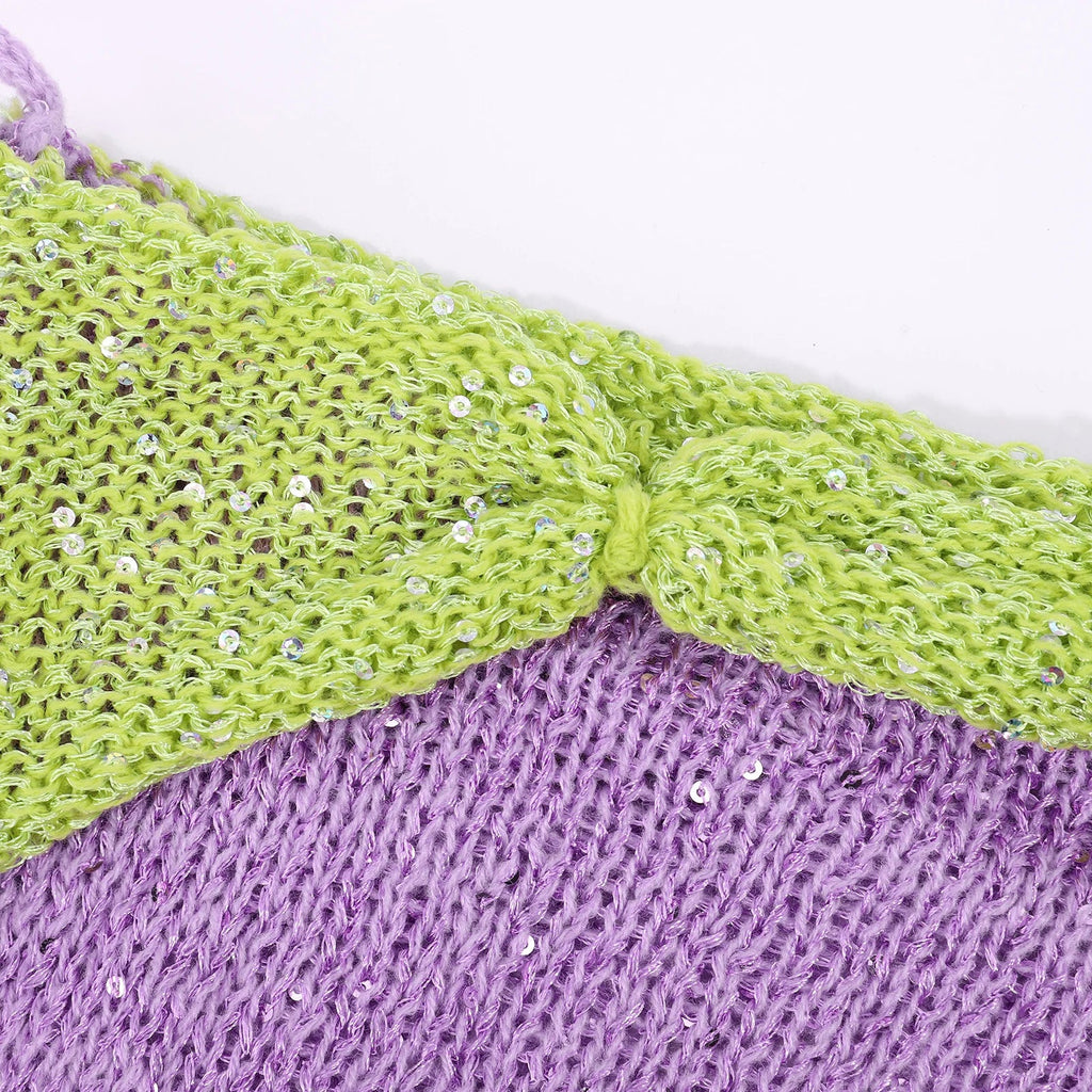 Women Knitted Sequined 3 Piece Skirt Set with Halter Bra Top Cardigan Mini Skirt Hollow Out Navel Exposed Summer Clubwear Dress