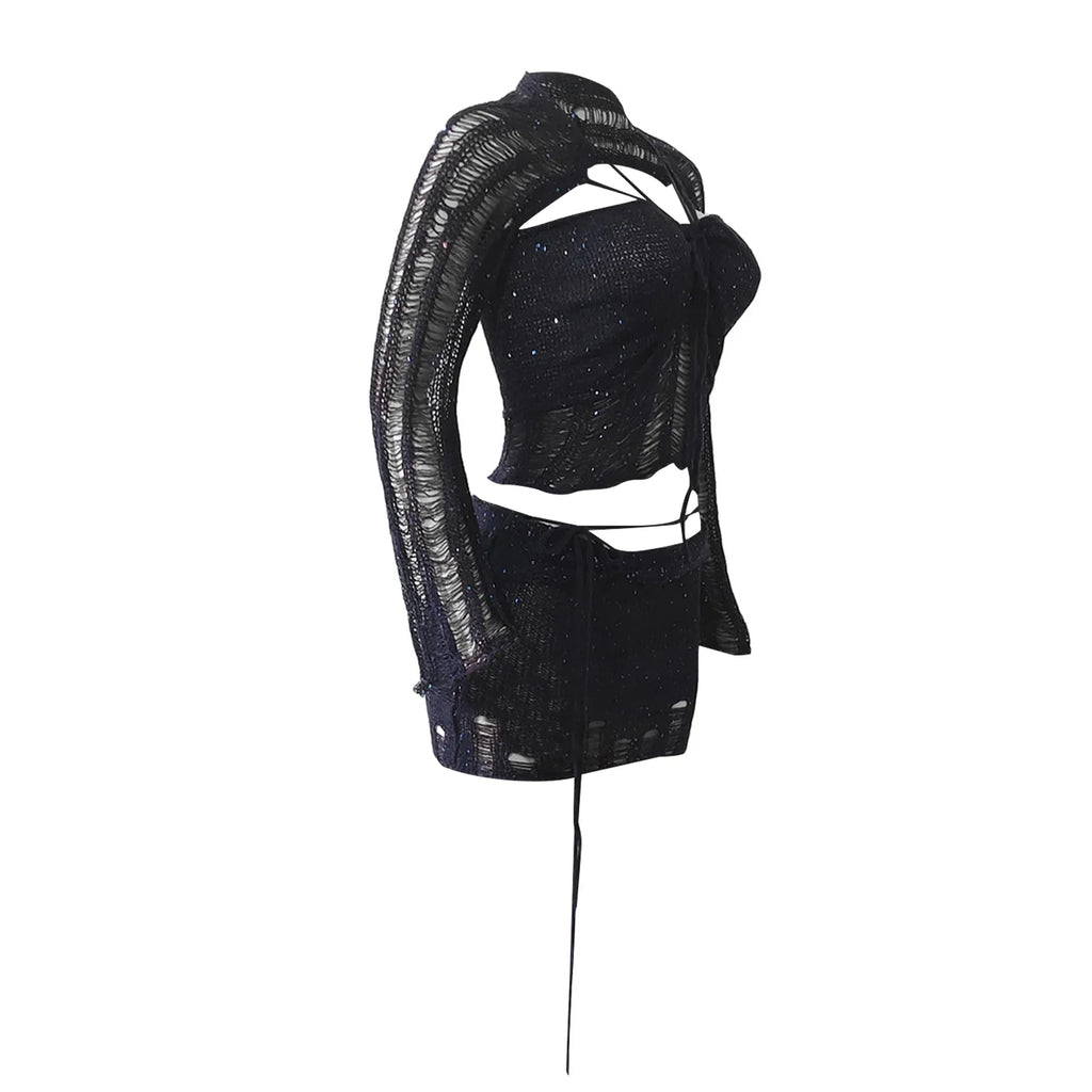 Women Knitted Sequined 3 Piece Skirt Set with Halter Bra Top Cardigan Mini Skirt Hollow Out Navel Exposed Summer Clubwear Dress