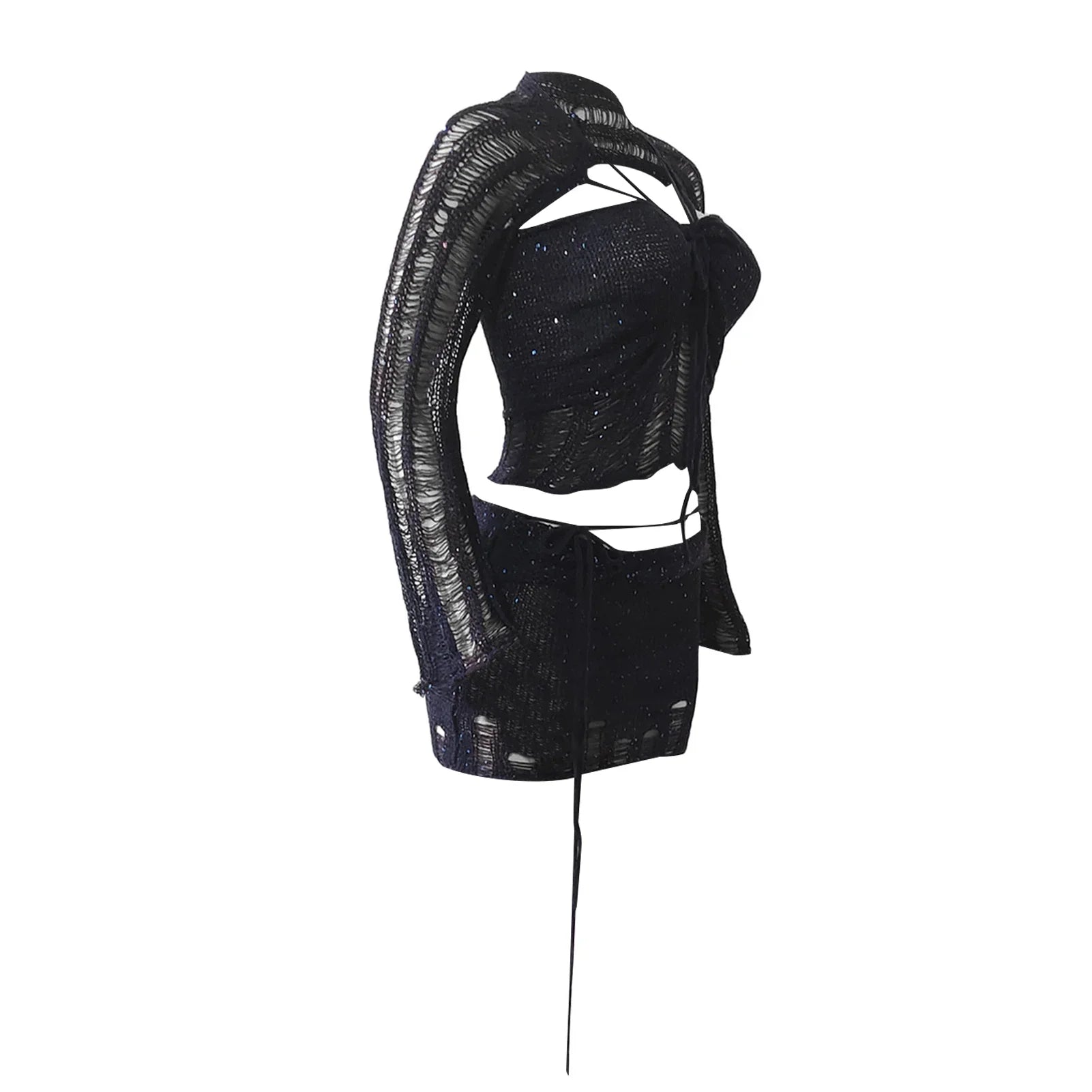 Women Knitted Sequined 3 Piece Skirt Set with Halter Bra Top Cardigan Mini Skirt Hollow Out Navel Exposed Summer Clubwear Dress