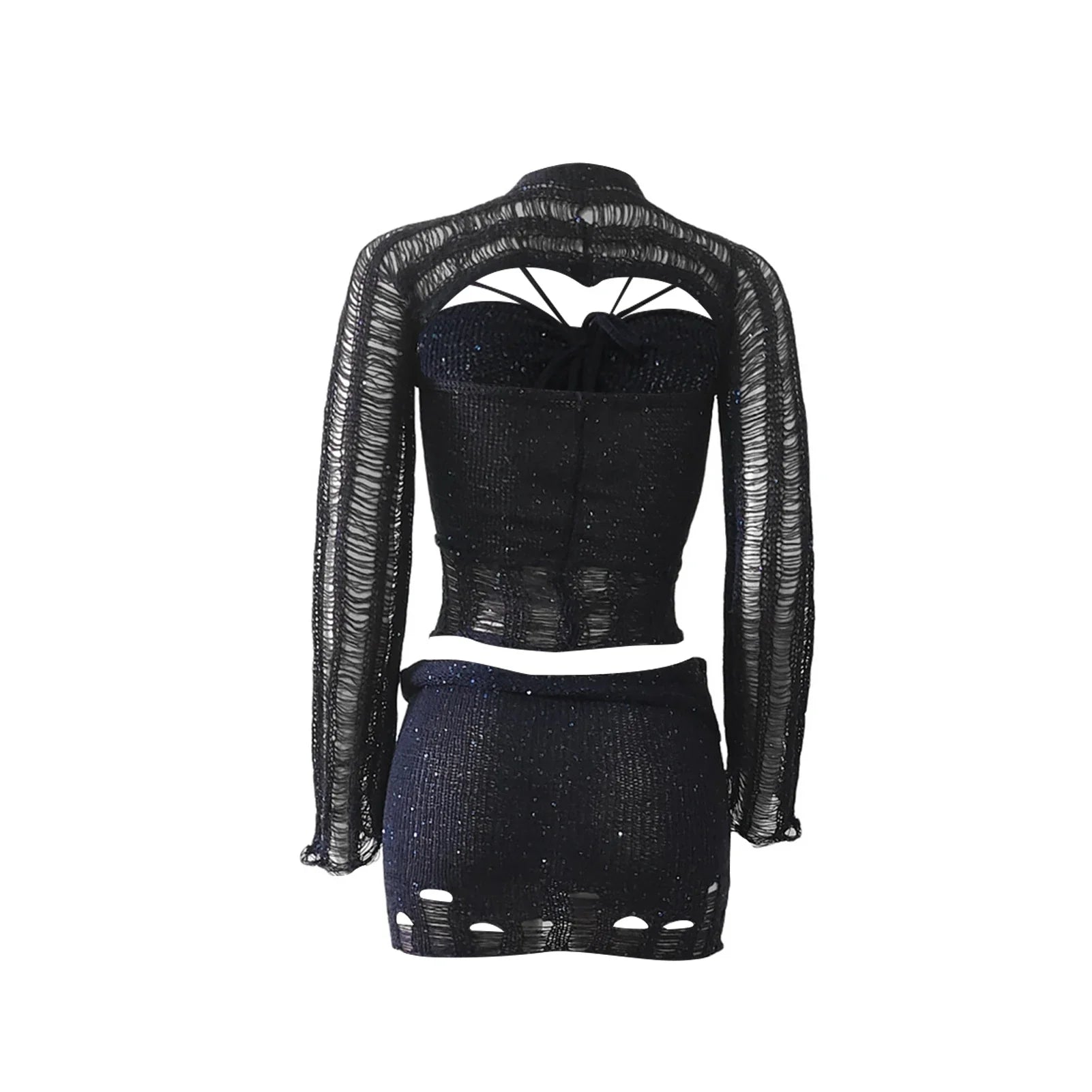 Women Knitted Sequined 3 Piece Skirt Set with Halter Bra Top Cardigan Mini Skirt Hollow Out Navel Exposed Summer Clubwear Dress