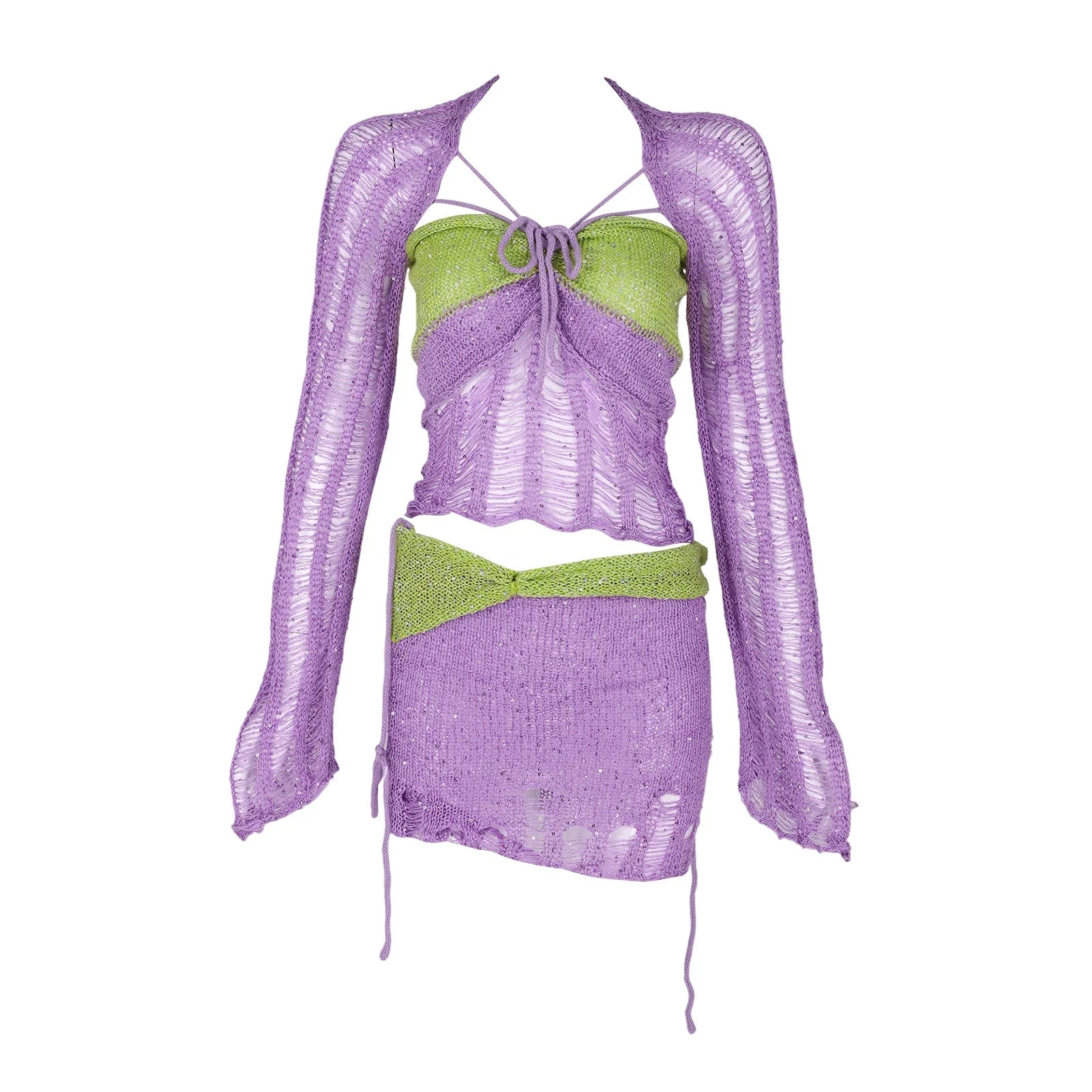 Women Knitted Sequined 3 Piece Skirt Set with Halter Bra Top Cardigan Mini Skirt Hollow Out Navel Exposed Summer Clubwear Dress