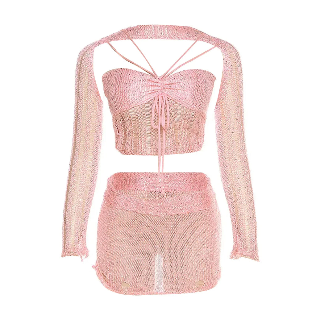 Women Knitted Sequined 3 Piece Skirt Set with Halter Bra Top Cardigan Mini Skirt Hollow Out Navel Exposed Summer Clubwear Dress