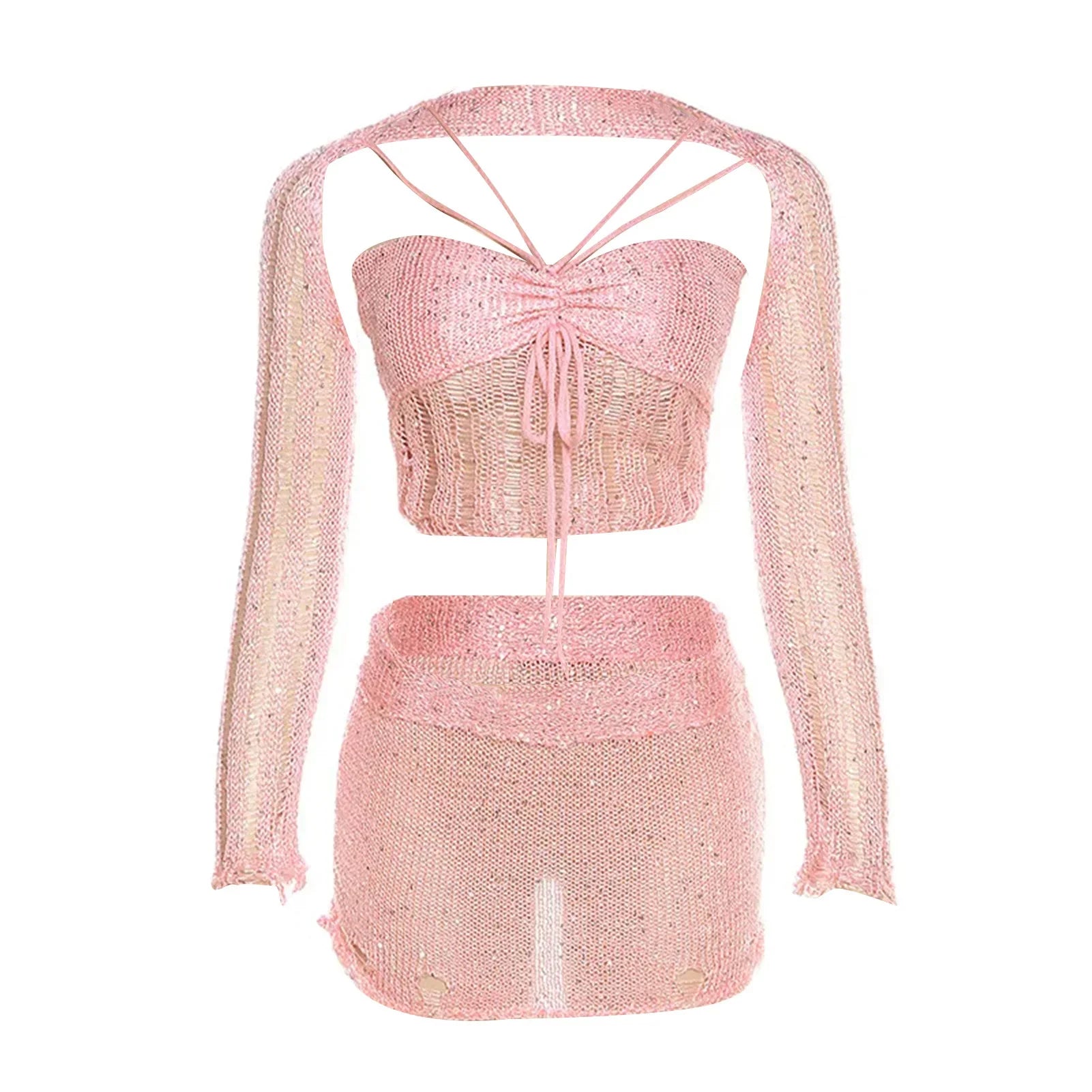 Women Knitted Sequined 3 Piece Skirt Set with Halter Bra Top Cardigan Mini Skirt Hollow Out Navel Exposed Summer Clubwear Dress