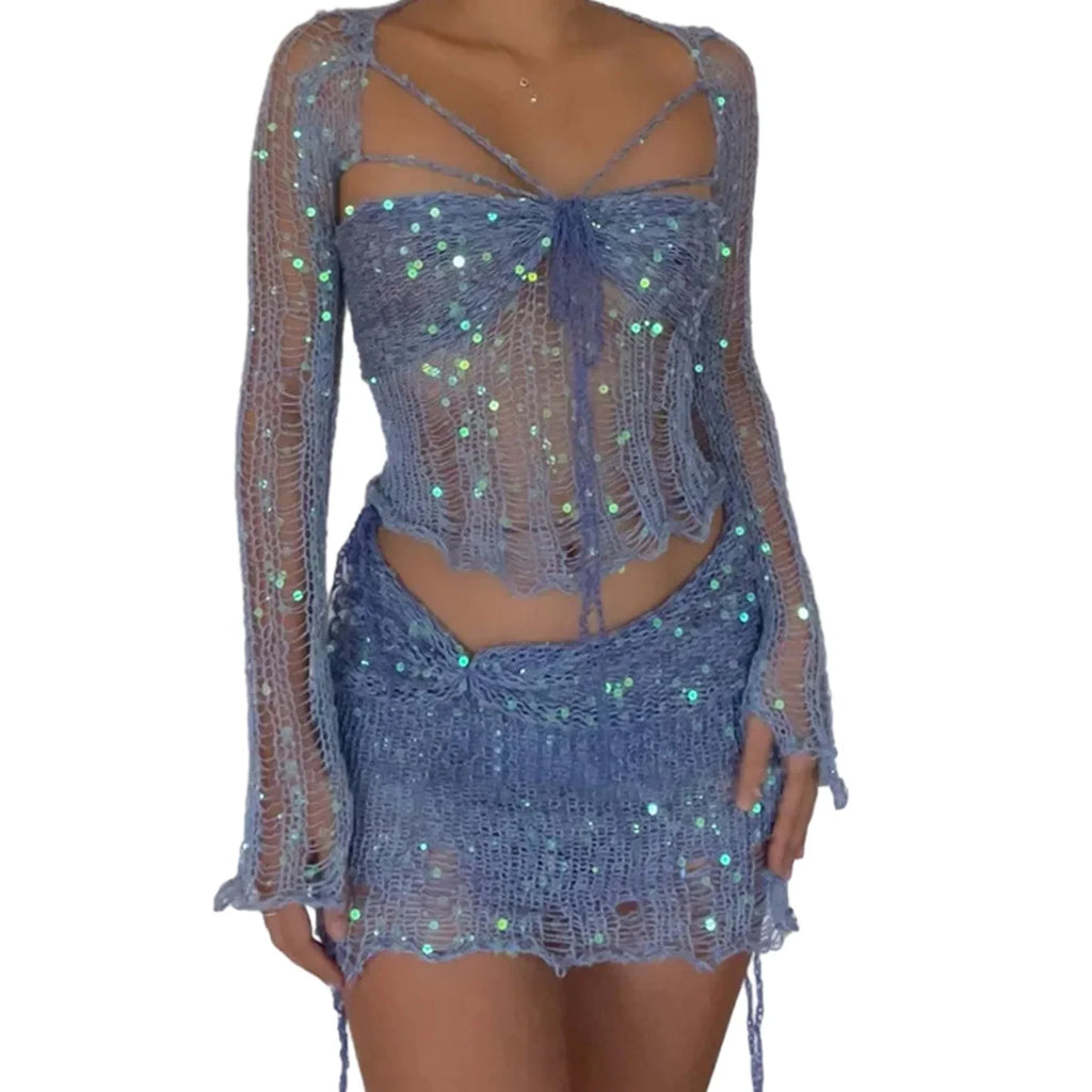 Women Knitted Sequined 3 Piece Skirt Set with Halter Bra Top Cardigan Mini Skirt Hollow Out Navel Exposed Summer Clubwear Dress
