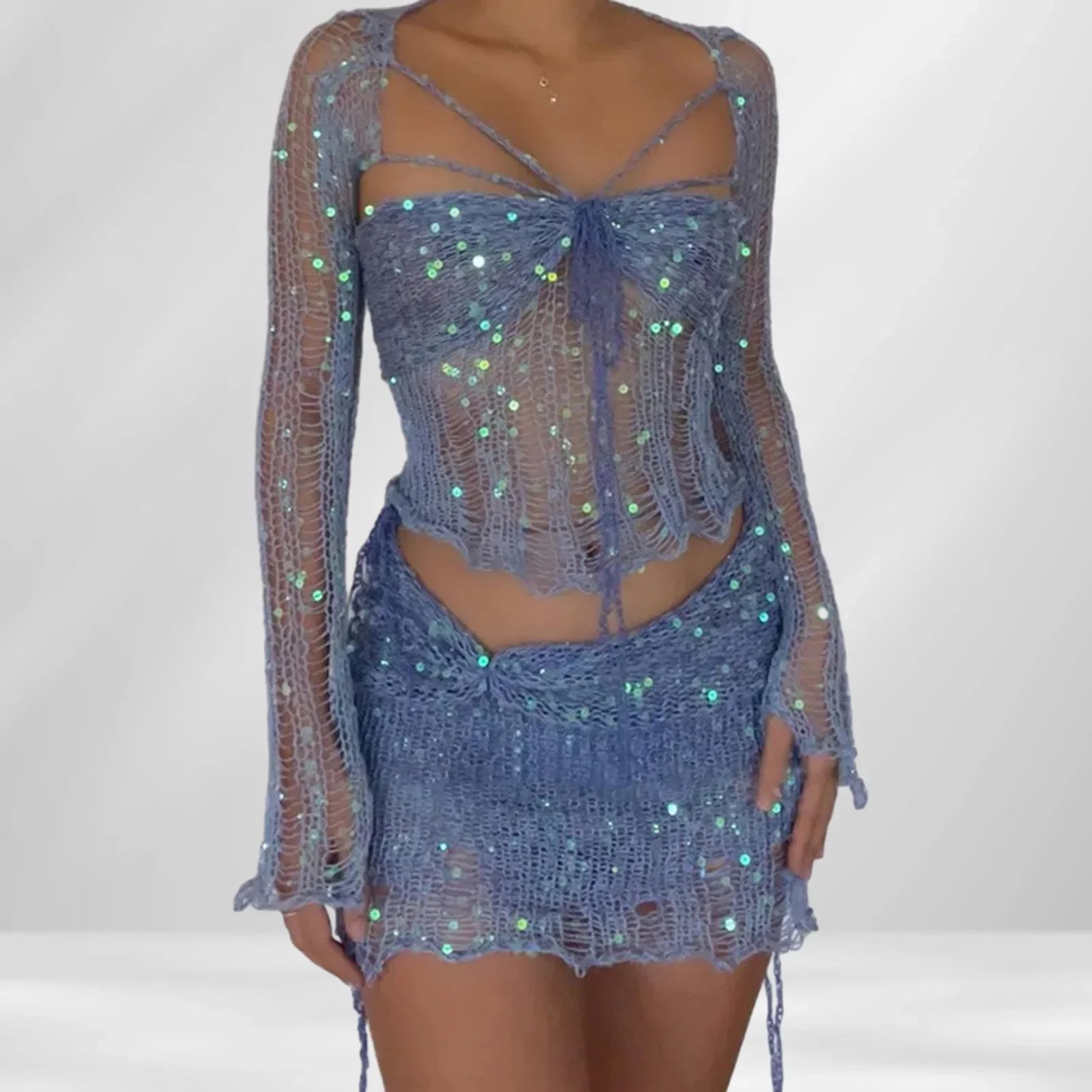 Women Knitted Sequined 3 Piece Skirt Set with Halter Bra Top Cardigan Mini Skirt Hollow Out Navel Exposed Summer Clubwear Dress