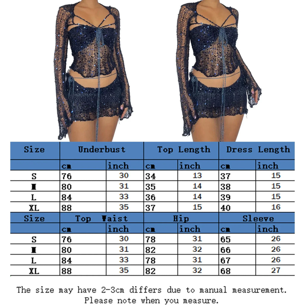 Women Knitted Sequined 3 Piece Skirt Set with Halter Bra Top Cardigan Mini Skirt Hollow Out Navel Exposed Summer Clubwear Dress