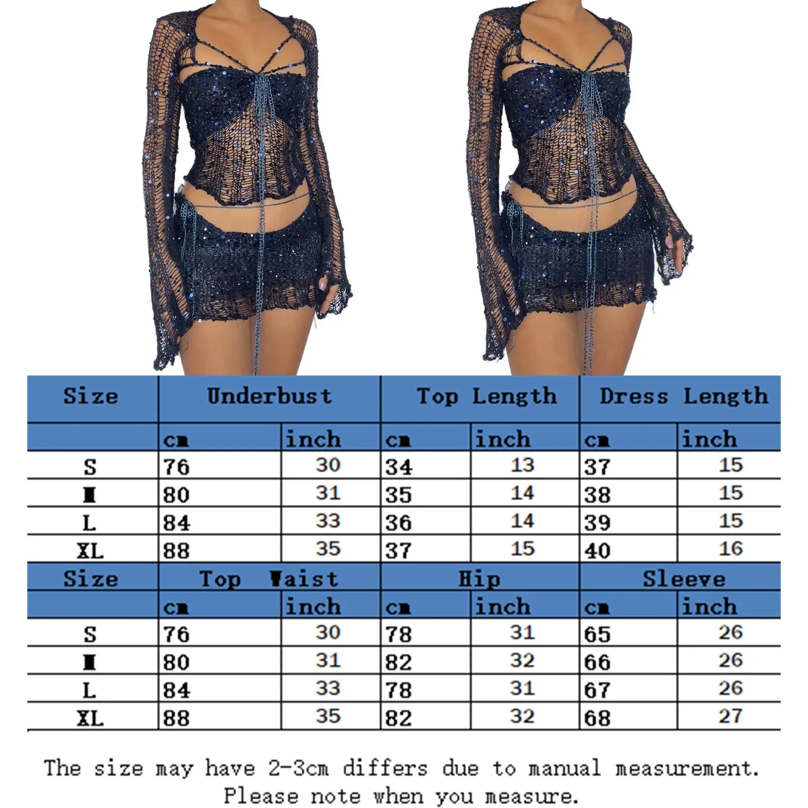 Women Knitted Sequined 3 Piece Skirt Set with Halter Bra Top Cardigan Mini Skirt Hollow Out Navel Exposed Summer Clubwear Dress