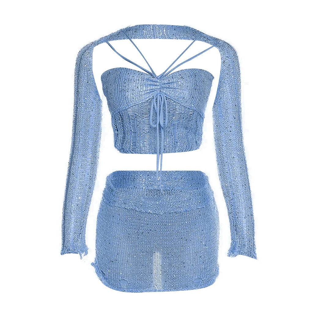 Women Knitted Sequined 3 Piece Skirt Set with Halter Bra Top Cardigan Mini Skirt Hollow Out Navel Exposed Summer Clubwear Dress