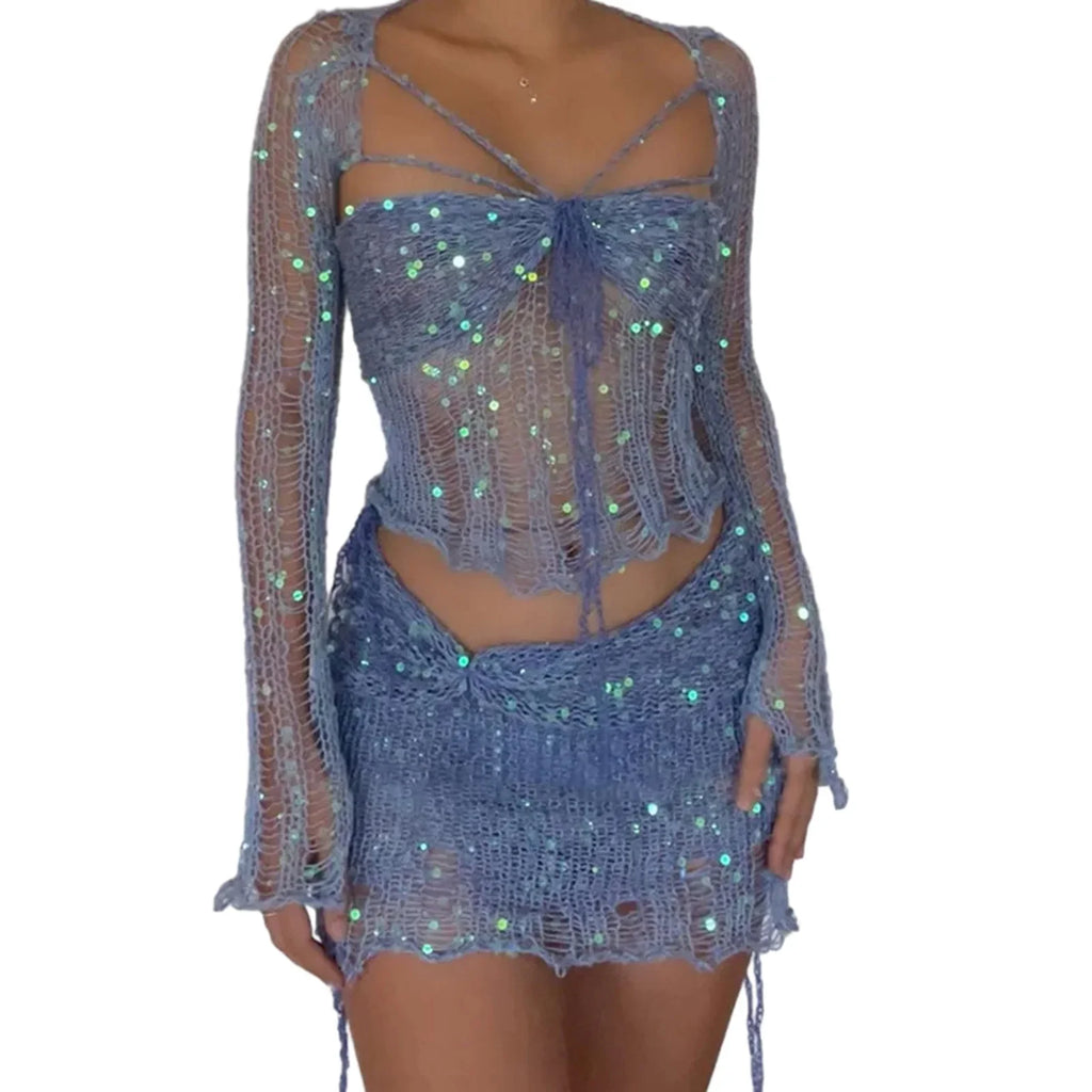 Women Knitted Sequined 3 Piece Skirt Set with Halter Bra Top Cardigan Mini Skirt Hollow Out Navel Exposed Summer Clubwear Dress