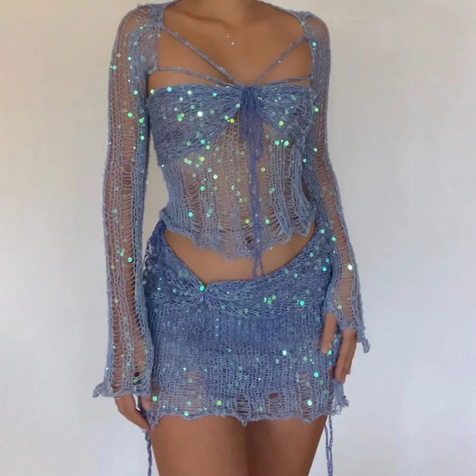 Women Knitted Sequined 3 Piece Skirt Set with Halter Bra Top Cardigan Mini Skirt Hollow Out Navel Exposed Summer Clubwear Dress
